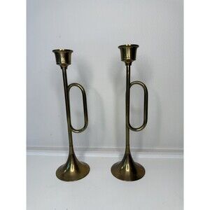 Pair Mid Century Modern Brass Trumpet Candlesticks Loop Handle 8” MCM